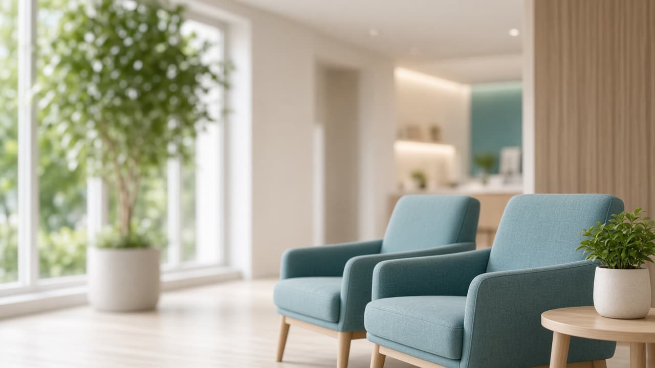 Calm clinic waiting area representing male fertility evaluation appointments